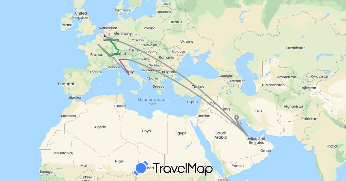 TravelMap itinerary: driving, bus, plane, train, boat in Belgium, Switzerland, Germany, France, Italy, Kuwait, Luxembourg, Qatar, Vatican City (Asia, Europe)